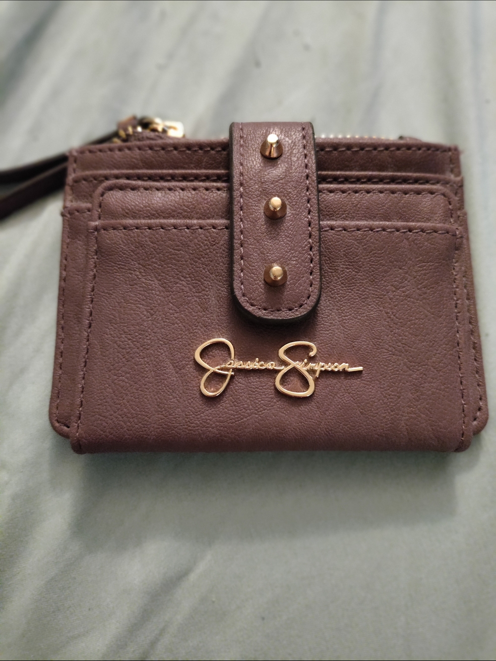 Jessica Simpson Taupe Brown Leather Card Wallet with Gold Hardware